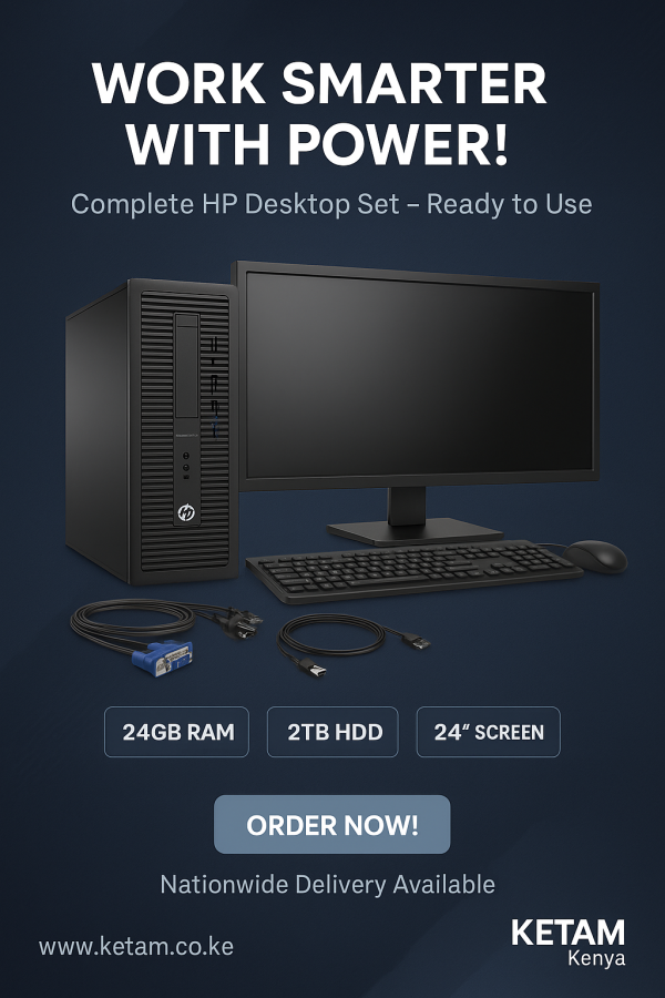 🖥️ COMPLETE HP TOWER DESKTOP – 24GB RAM, 2TB HDD, 24” MONITOR, KEYBOARD, MOUSE, VGA & POWER CABLES | KETAM KENYA