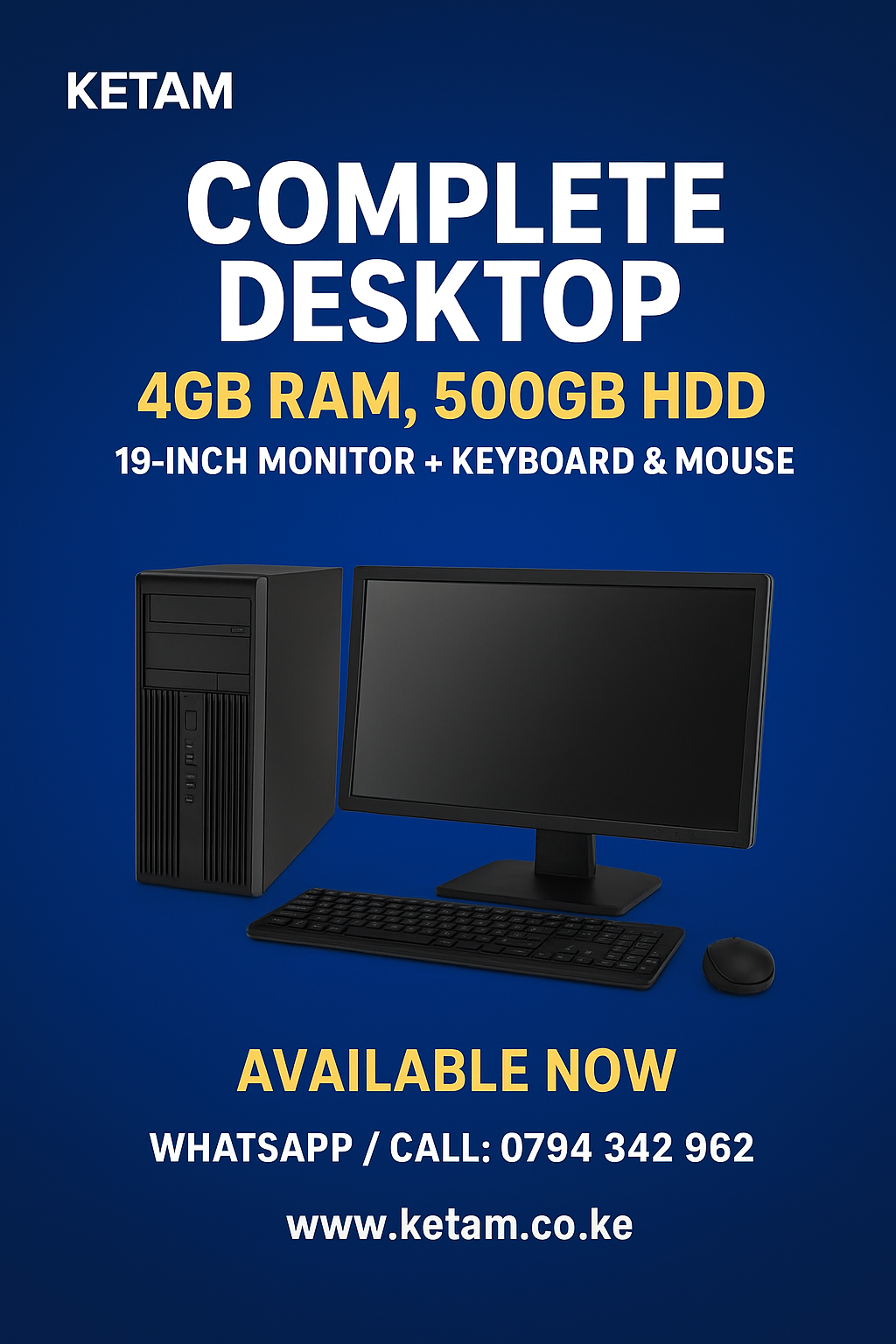 Complete desktop set, 4gb ram, 500gb storage, 19 inches screen, keyboard, mouse |KETAM Kenya.