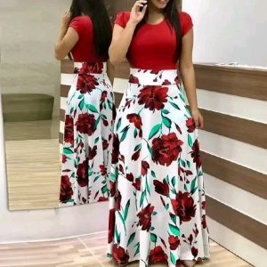 Elegant Summer Printed Pleated Maxi Dress – Women’s Fashion (S–4XL) | Slim Waist, Short Sleeve, Crew Neck.