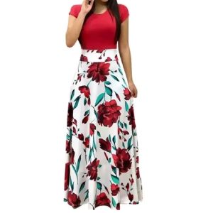 Elegant Summer Printed Pleated Maxi Dress – Women’s Fashion (S–4XL) | Slim Waist, Short Sleeve, Crew Neck.