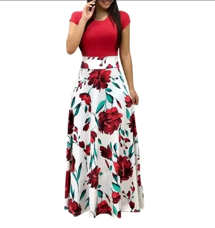 Elegant Summer Printed Pleated Maxi Dress – Women’s Fashion (S–4XL) | Slim Waist, Short Sleeve, Crew Neck.