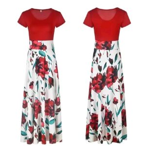 Elegant Summer Printed Pleated Maxi Dress – Women’s Fashion (S–4XL) | Slim Waist, Short Sleeve, Crew Neck.