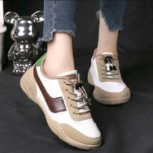 Freyr Women’s PU Leather Sneakers (Size 38–41) – Casual Running & Gym Shoes (White/Brown)