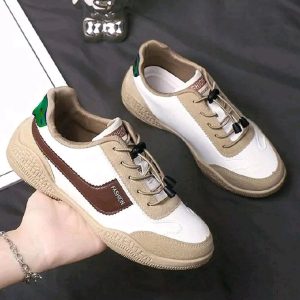 Freyr Women’s PU Leather Sneakers (Size 38–41) – Casual Running & Gym Shoes (White/Brown)