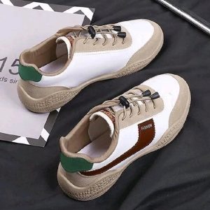 Freyr Women’s PU Leather Sneakers (Size 38–41) – Casual Running & Gym Shoes (White/Brown)